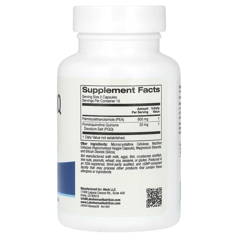 Lake Avenue Nutrition, PEA 300 mg + PQQ 10 mg, 30 Veggie Capsules - Medaid