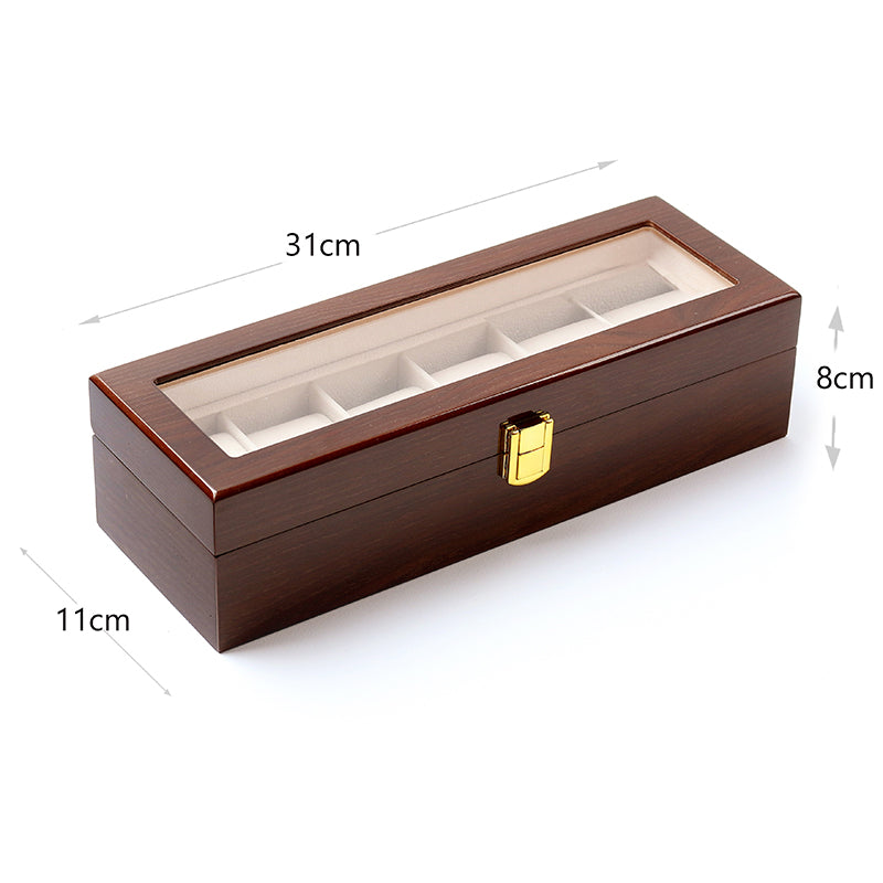 6 Slot Wooden Watch Box Display Storage Case with Glass Lid Lockable Wooden Watch Holder Organizer Brown - Medaid