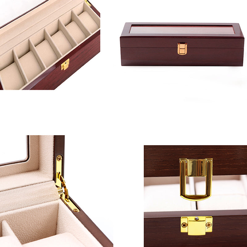 6 Slot Wooden Watch Box Display Storage Case with Glass Lid Lockable Wooden Watch Holder Organizer Brown - Medaid