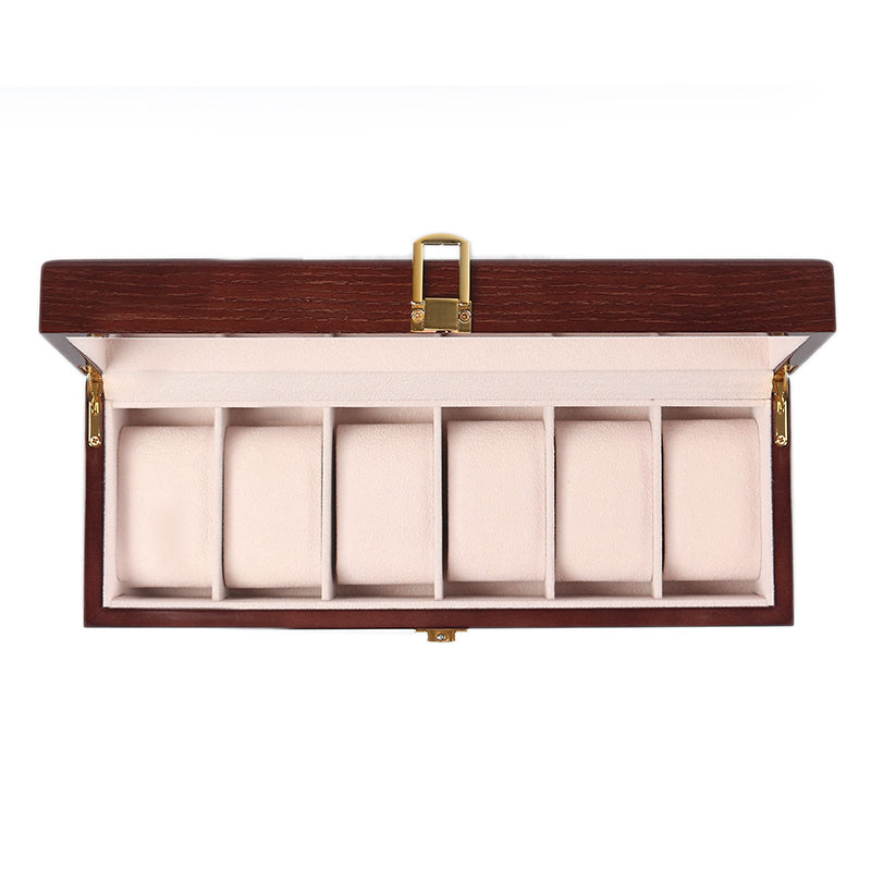 6 Slot Wooden Watch Box Display Storage Case with Glass Lid Lockable Wooden Watch Holder Organizer Brown - Medaid