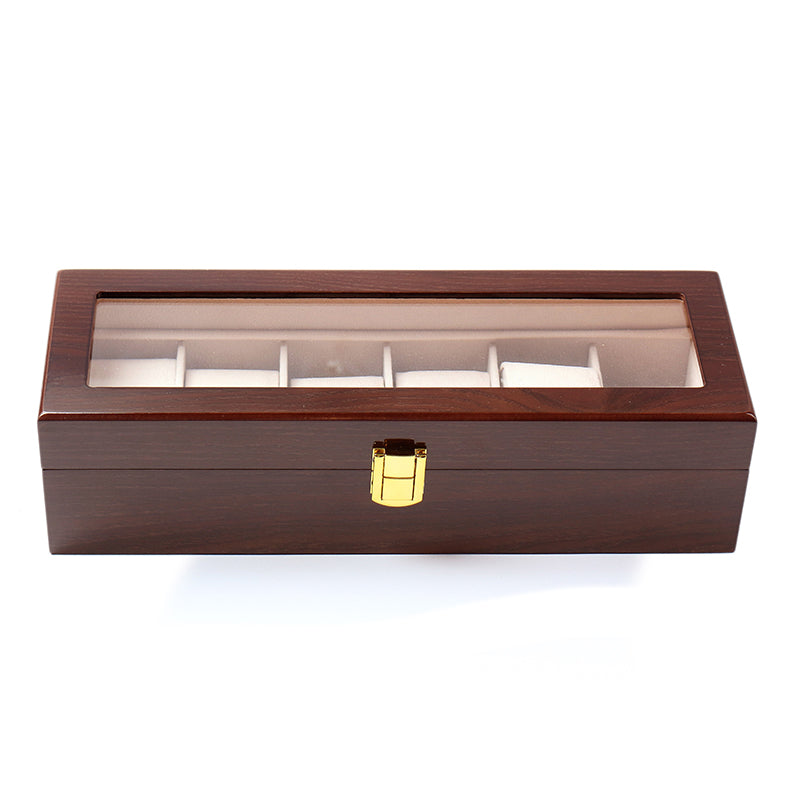6 Slot Wooden Watch Box Display Storage Case with Glass Lid Lockable Wooden Watch Holder Organizer Brown - Medaid