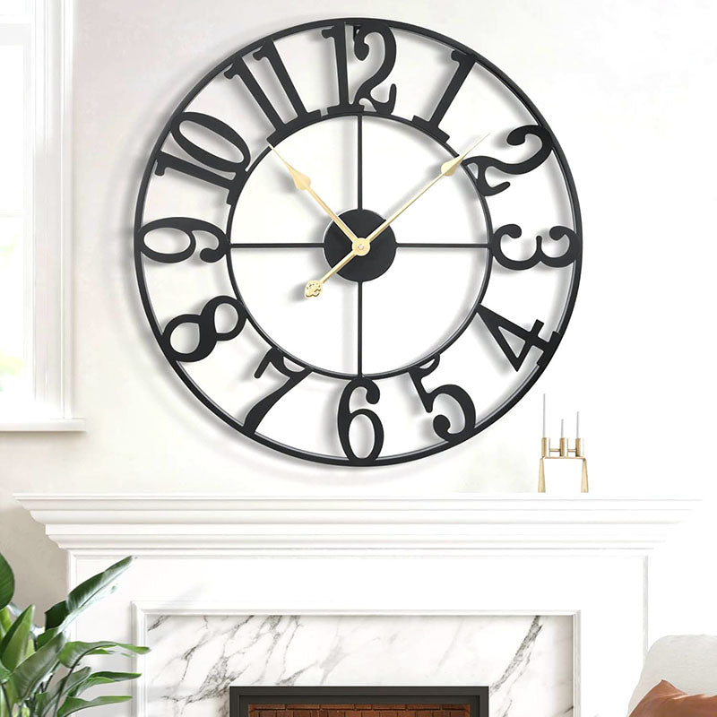 60 CM Large Wall Clock with Mirror and Wooden Back Metal Round Wall Clocks Non Ticking Battery Operated for Living Room Kitchen Bedroom Office Black - Medaid