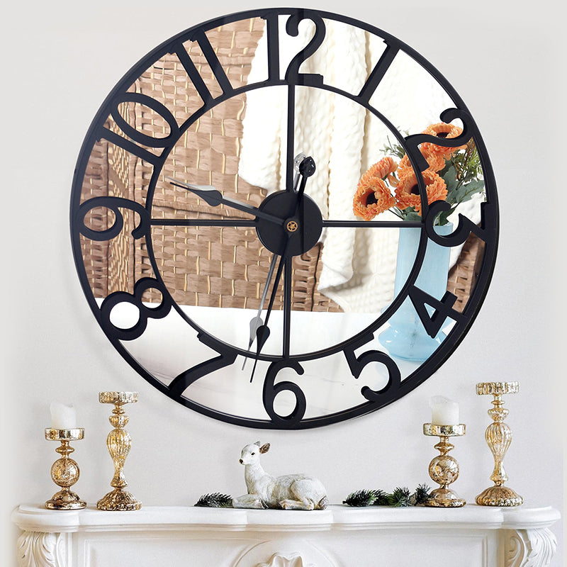 60 CM Large Wall Clock with Mirror and Wooden Back Metal Round Wall Clocks Non Ticking Battery Operated for Living Room Kitchen Bedroom Office Black - Medaid