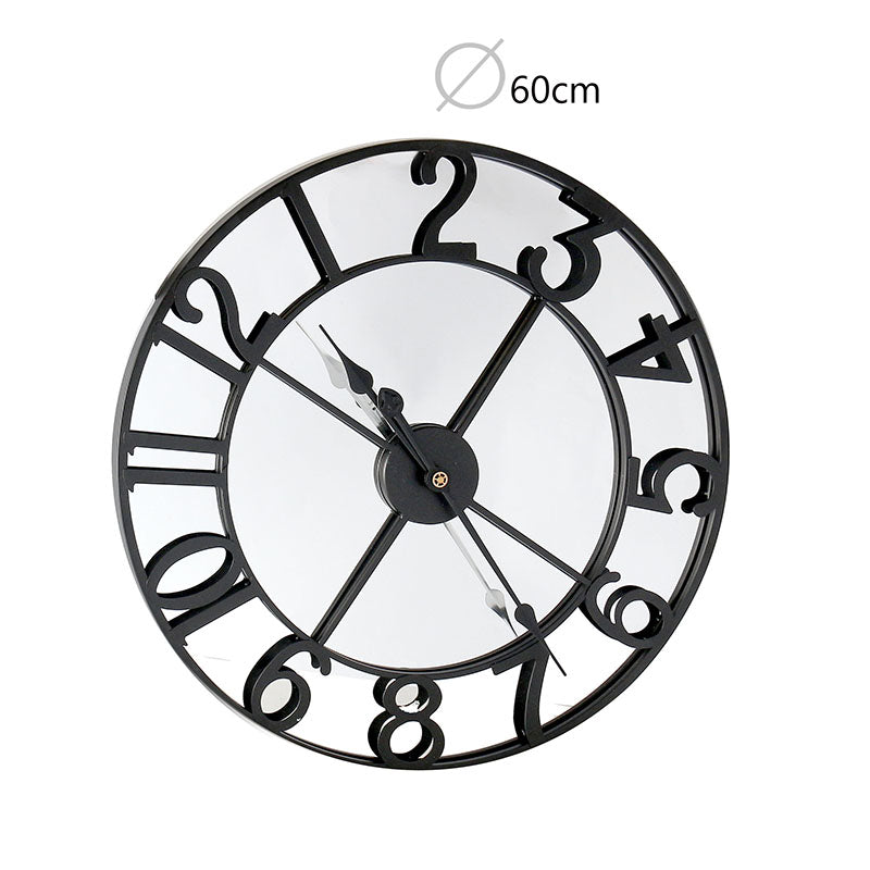 60 CM Large Wall Clock with Mirror and Wooden Back Metal Round Wall Clocks Non Ticking Battery Operated for Living Room Kitchen Bedroom Office Black - Medaid