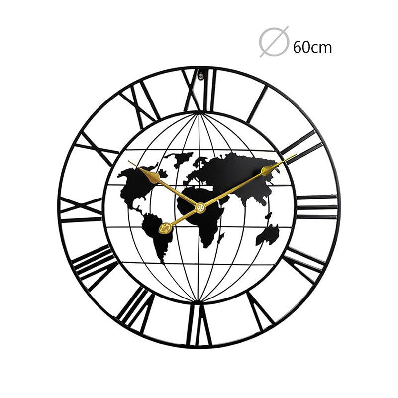 60 CM Large World Map Wall Clock Metal Round Clock Non Ticking Battery Operated Wall Clocks for Living Room Kitchen Bedroom Office Black - Medaid
