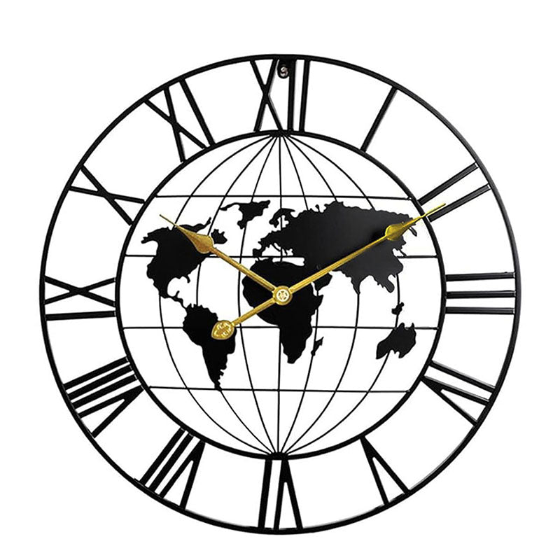 60 CM Large World Map Wall Clock Metal Round Clock Non Ticking Battery Operated Wall Clocks for Living Room Kitchen Bedroom Office Black - Medaid