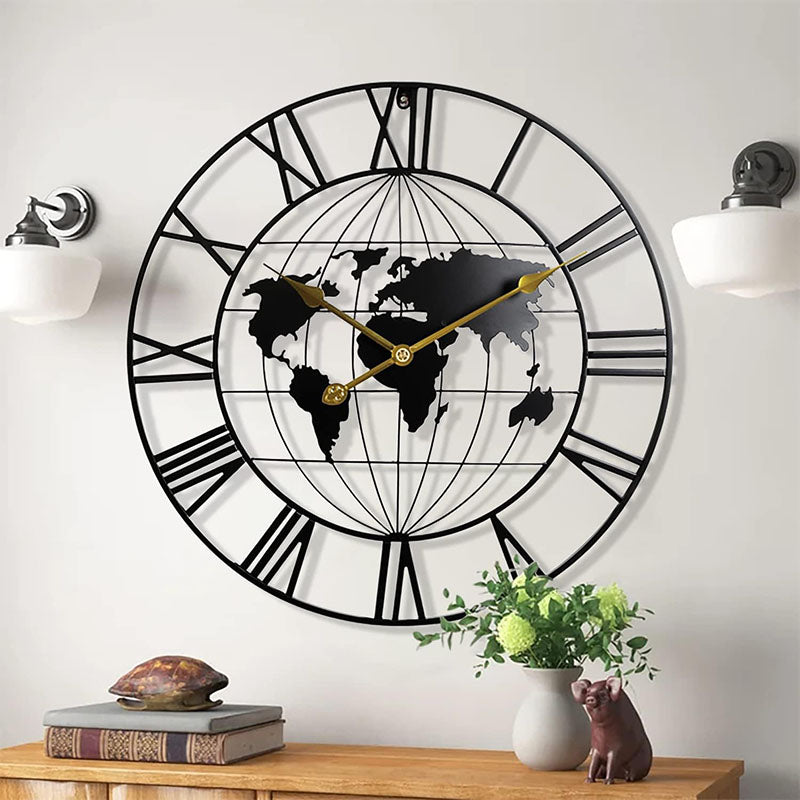 60 CM Large World Map Wall Clock Metal Round Clock Non Ticking Battery Operated Wall Clocks for Living Room Kitchen Bedroom Office Black - Medaid