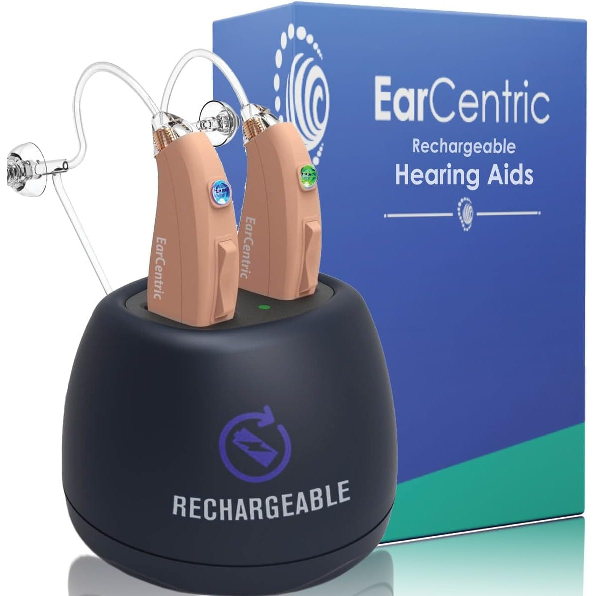 EarCentric EasyCharge Rechargeable Hearing Aids (Pair) for Seniors, Behind-The-Ear BTE Ear Aid PSAP digital Personal sound amplification products devices with Noise Cancellation (Beige) - Medaid