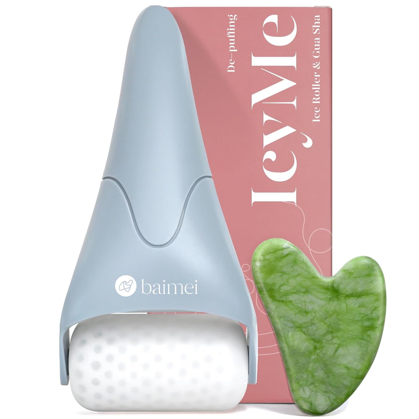 BAIMEI IcyMe Ice Roller for Face and Gua Sha Facial Tool Set, Ice Face Roller Reduces Puffiness Relieves Migraines Skin Care Tools, Self Care Gift for Women - Pink - Medaid