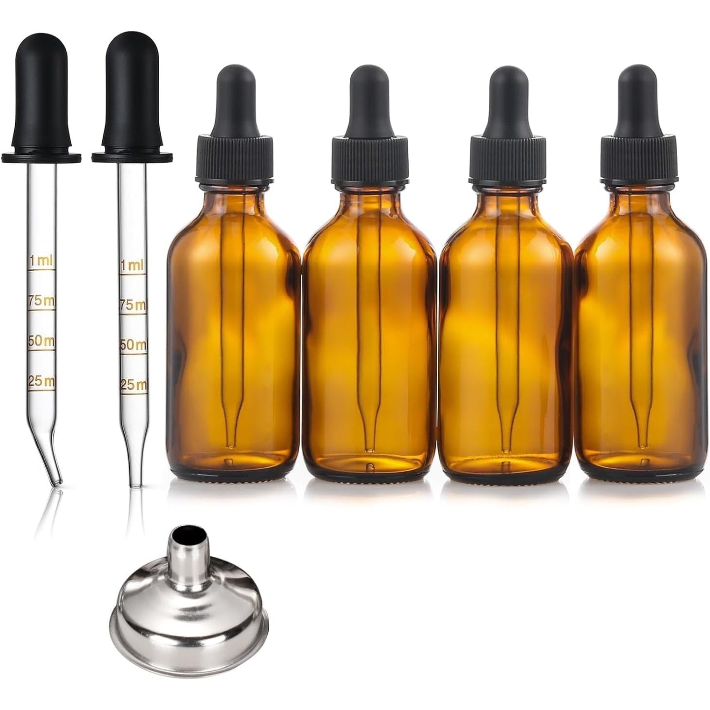 Loiisgy 4 Pack 50ml Dropper Bottles with 2 Extra 1mL Calibrated Glass Droppers & 1 Funnel, Amber Glass Dropper Bottle with Measured Dropper - Medaid