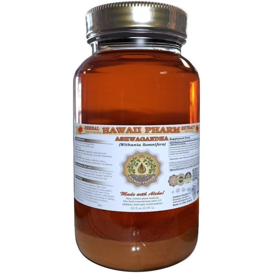 Hawaii Pharm Ashwagandha Liquid Extract, Organic Ashwagandha (Withania Somnifera) Dried Root Tincture Supplement 15x4 oz - Medaid