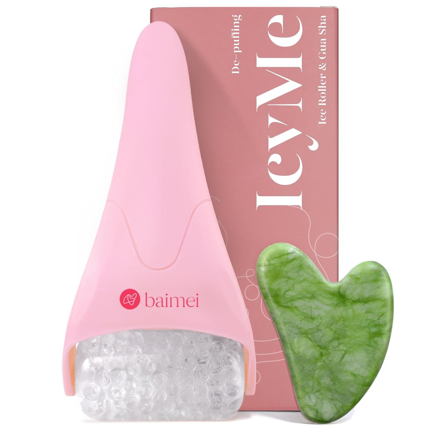 BAIMEI IcyMe Ice Roller for Face and Gua Sha Facial Tool Set, Ice Face Roller Reduces Puffiness Relieves Migraines Skin Care Tools, Self Care Gift for Women - Pink - Medaid