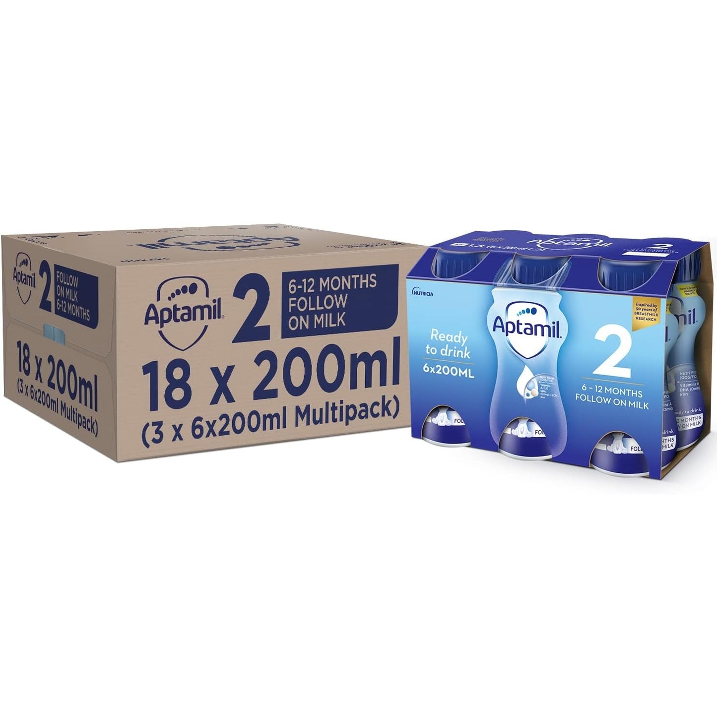 Aptamil 2 Follow On Baby Milk Ready to Use Liquid Formula, 6-12 Months, 200 ml, (Pack of 18) - Medaid