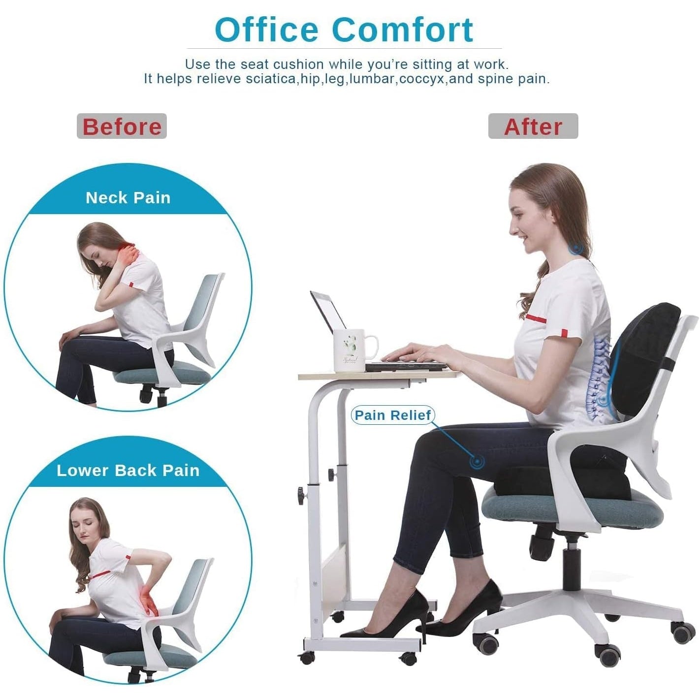 Back& Seat Cushions, Lumbar Support Pillow with Adjustable Strap-Chair, Cushions for Sciatica Pain Relief with Washable Cover, Orthopedic Seat Cushion and Lumbar Support Pillow for Office Chair - Medaid