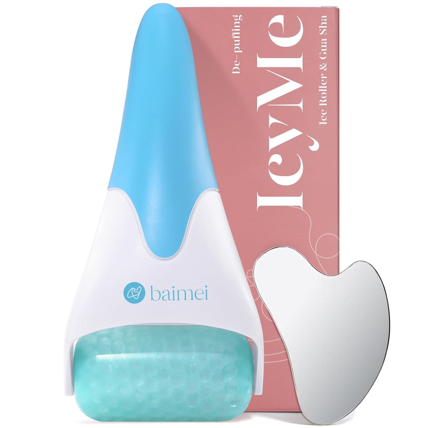 BAIMEI IcyMe Ice Roller for Face and Gua Sha Facial Tool Set, Ice Face Roller Reduces Puffiness Relieves Migraines Skin Care Tools, Self Care Gift for Women - Pink - Medaid