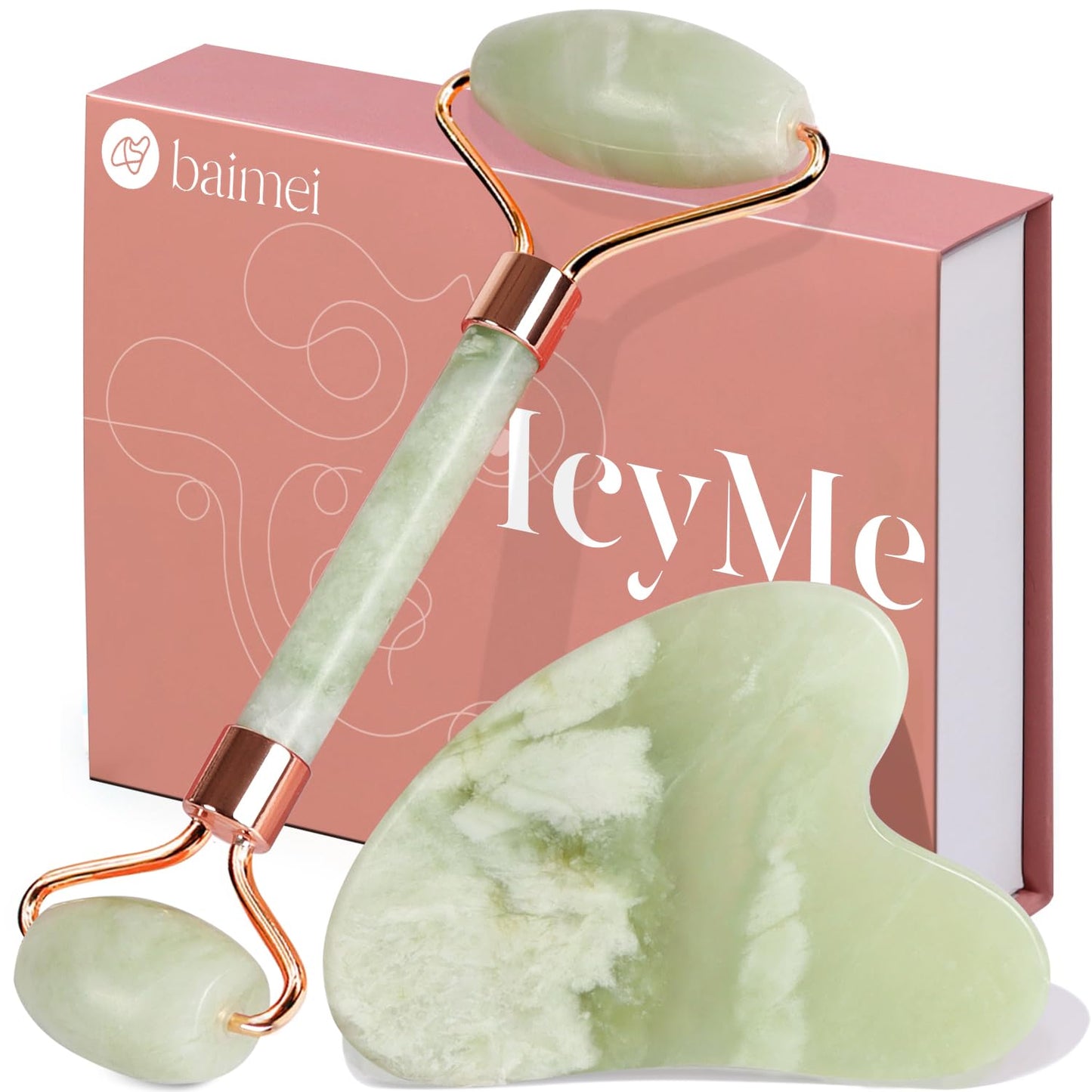 BAIMEI IcyMe Gua Sha & Jade Roller Facial Tools Face Roller and Gua Sha Set for Puffiness and Redness Reducing Skin Care Routine, Self Care Gift for Men Women - Green - Medaid