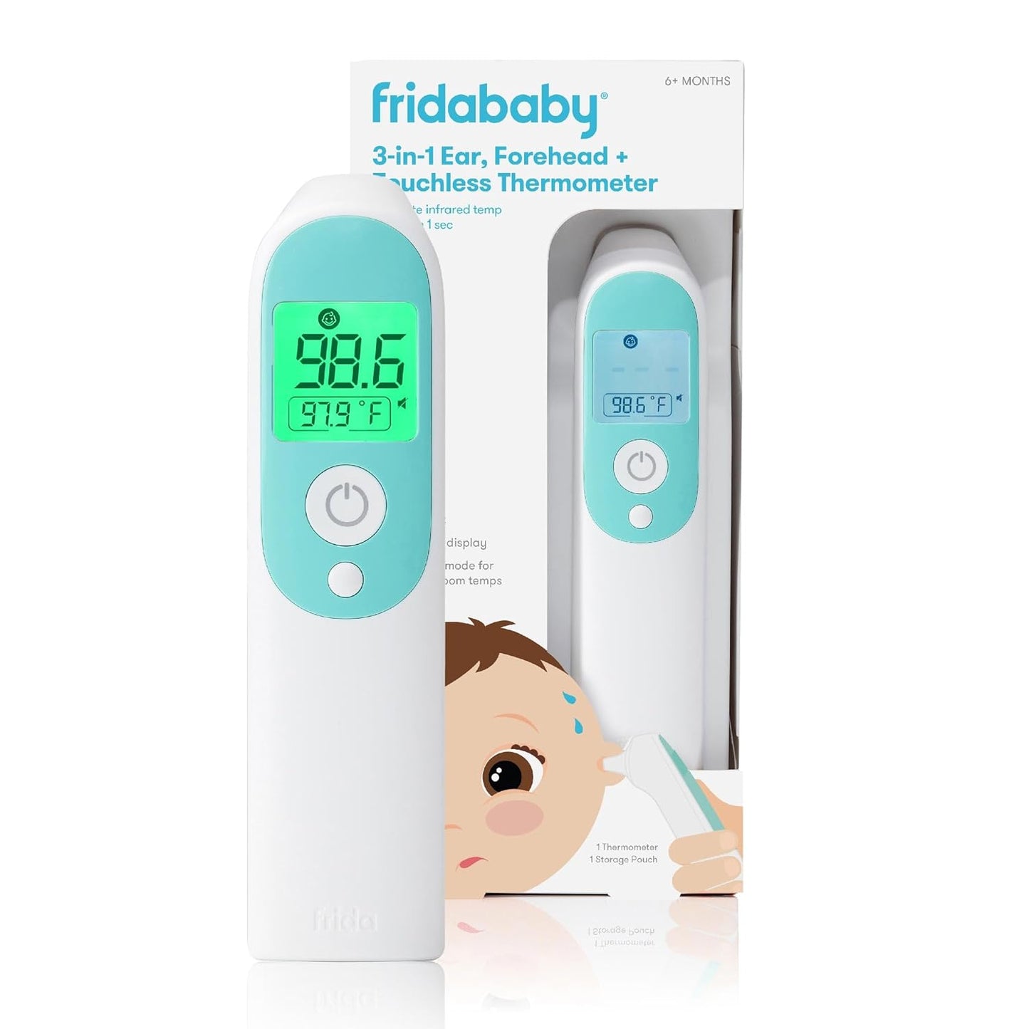 Frida Baby Infrared Thermometer 3 In 1 Ear, Forehead + Touchless For Babies, Toddlers, Adults, And Bottle Temperatures, White, 068, 5 Piece Set - Medaid