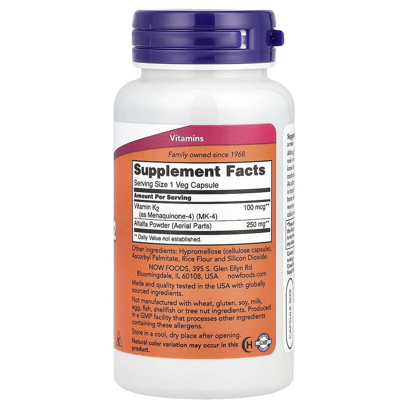 NOW Foods, Vitamin K-2, 100 mcg, 100 Veg Capsules - Medaid