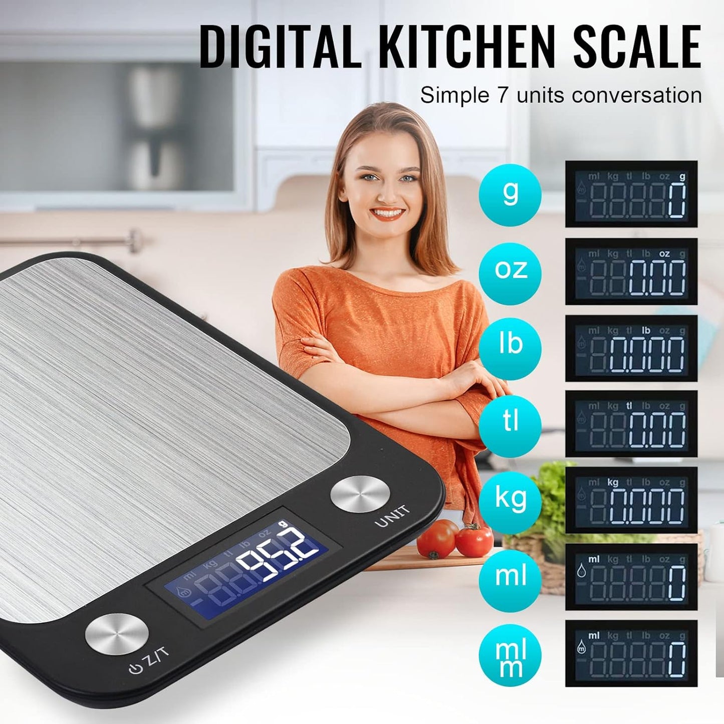 SKY-TOUCH Digital Kitchen Scale Multifunction Food Scale, Touch Button, Ultra Slim with Large LCD Display, 11lb/5kg, 22lb/5kg, Stainless Steel (Batteries Included) (10000g/1g) - Medaid