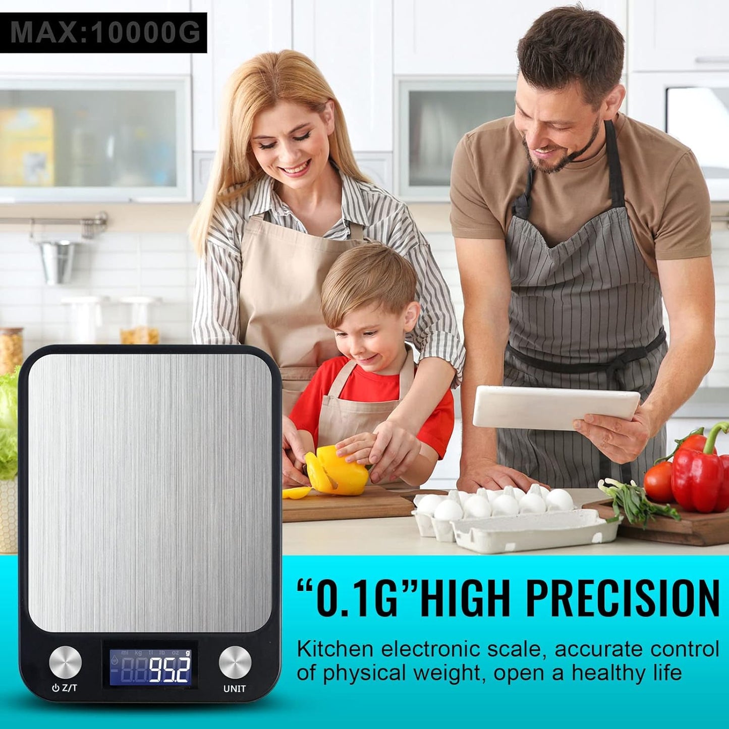 SKY-TOUCH Digital Kitchen Scale Multifunction Food Scale, Touch Button, Ultra Slim with Large LCD Display, 11lb/5kg, 22lb/5kg, Stainless Steel (Batteries Included) (10000g/1g) - Medaid