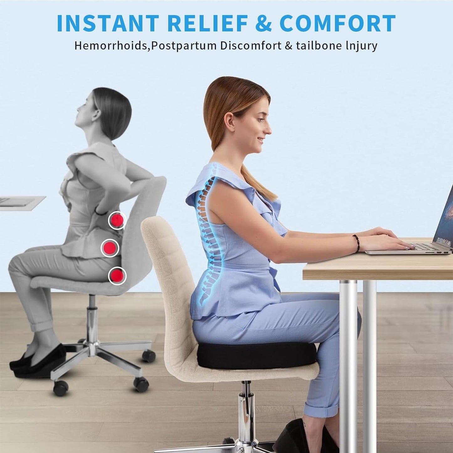 Seat Cushion Non-Slip Desk Chair Cushion Back, Coccyx, Sciatica, Tailbone Pain Relief Butt Pillow - Medaid