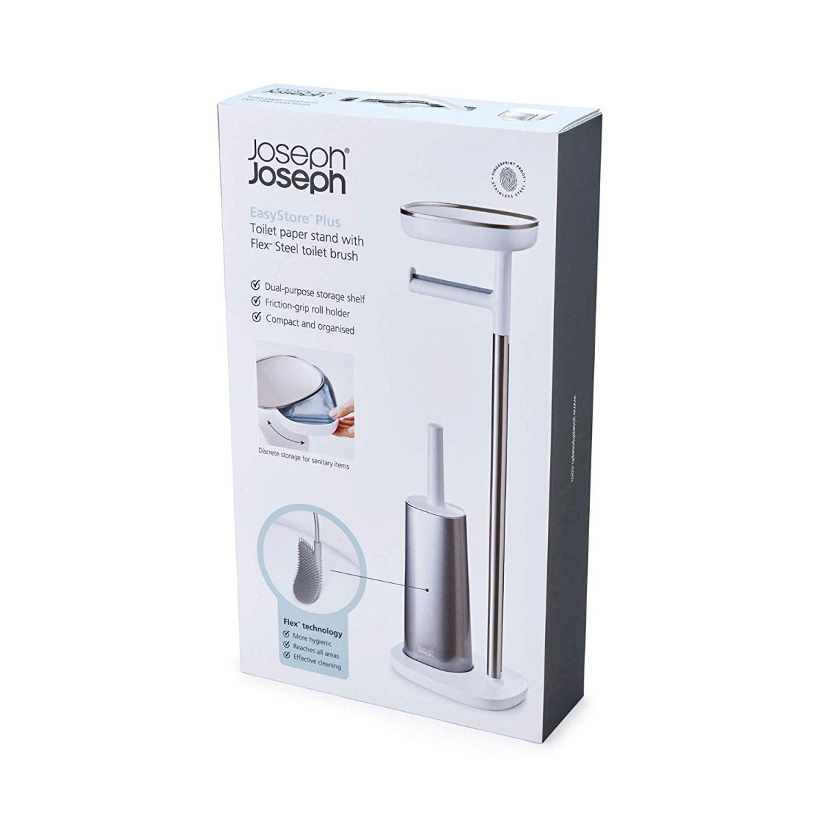 Joseph Joseph EasyStore Butler Toilet Paper Holder Stand and Flex Toilet Brush with Shelf and Drawer, Stainless Steel - Medaid