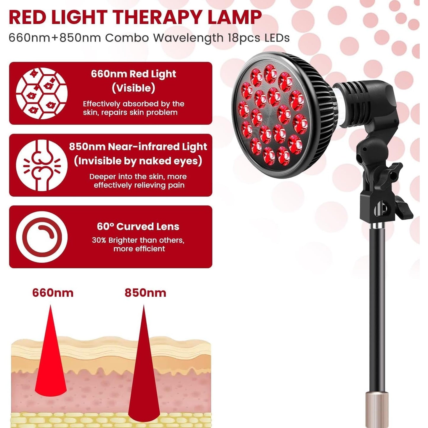 NALACAL Red Light Therapy Lamp for Face and Body,LED Red Light Therapy Bulb with Adjustable Desk Stand (10in-16.5in) with 18 LEDs – 660nm Red and 850nm Near Infrared Combo for Home Use (Black) - Medaid