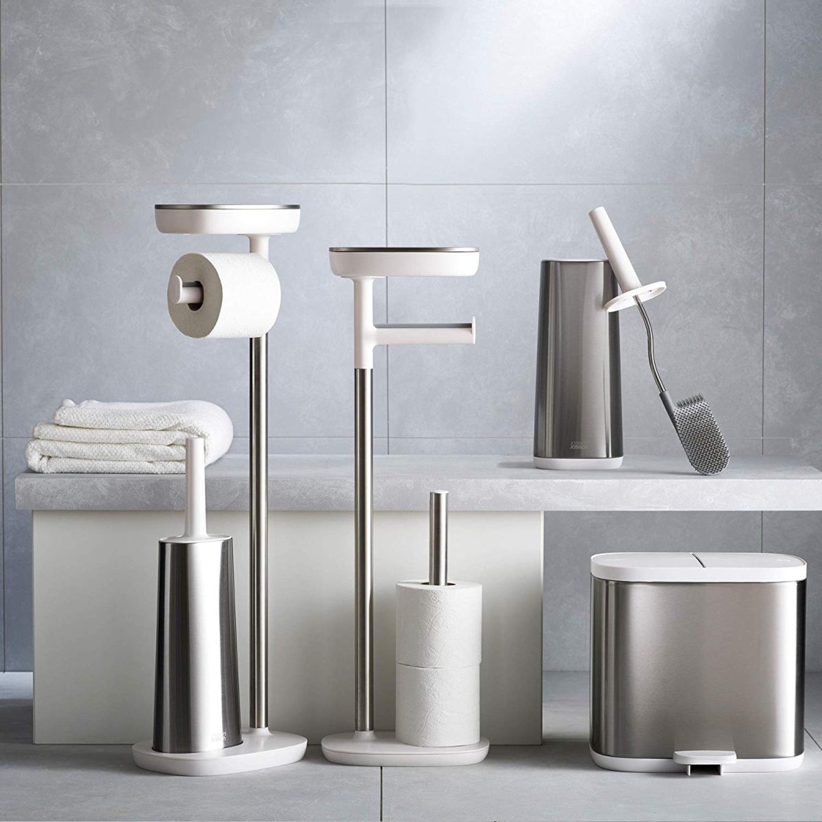 Joseph Joseph EasyStore Butler Toilet Paper Holder Stand and Flex Toilet Brush with Shelf and Drawer, Stainless Steel - Medaid