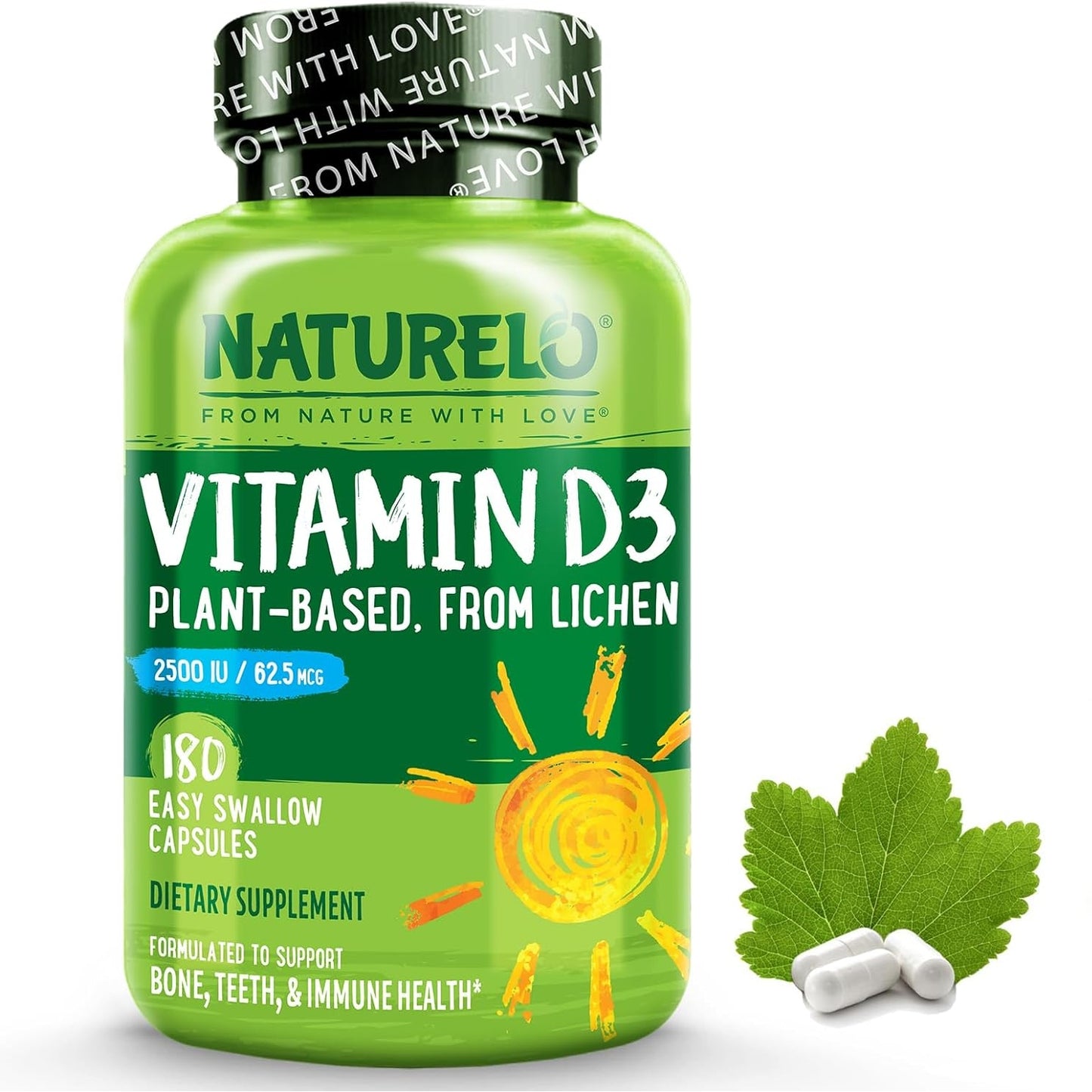 NATURELO Vitamin D - 2500 IU - Plant Based from Lichen - Natural D3 Supplement for Immune System, Bone Support, Joint Health - Vegan - Non-GMO - Gluten Free - 180 Mini Capsules - Medaid
