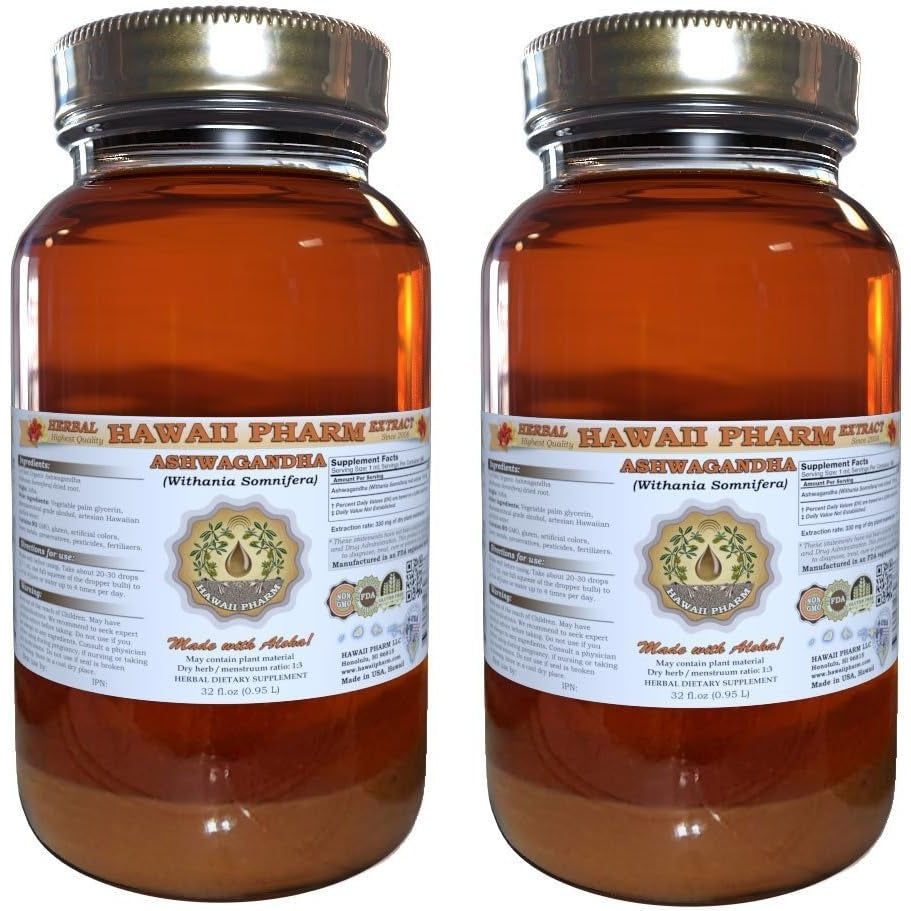 Hawaii Pharm Ashwagandha Liquid Extract, Organic Ashwagandha (Withania Somnifera) Dried Root Tincture Supplement 15x4 oz - Medaid