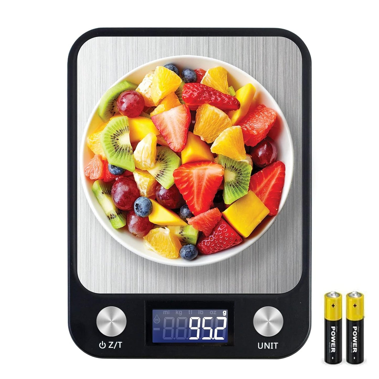 SKY-TOUCH Digital Kitchen Scale Multifunction Food Scale, Touch Button, Ultra Slim with Large LCD Display, 11lb/5kg, 22lb/5kg, Stainless Steel (Batteries Included) (10000g/1g) - Medaid