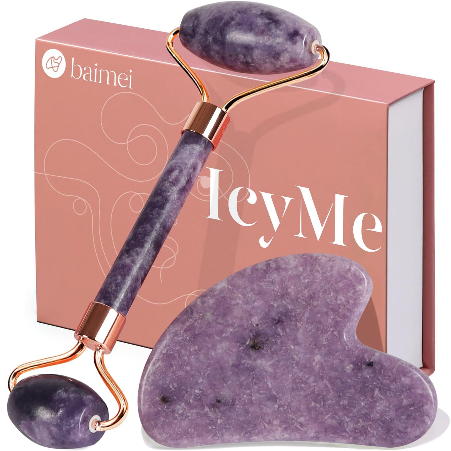 BAIMEI IcyMe Gua Sha & Jade Roller Facial Tools Face Roller and Gua Sha Set for Puffiness and Redness Reducing Skin Care Routine, Self Care Gift for Men Women - Green - Medaid