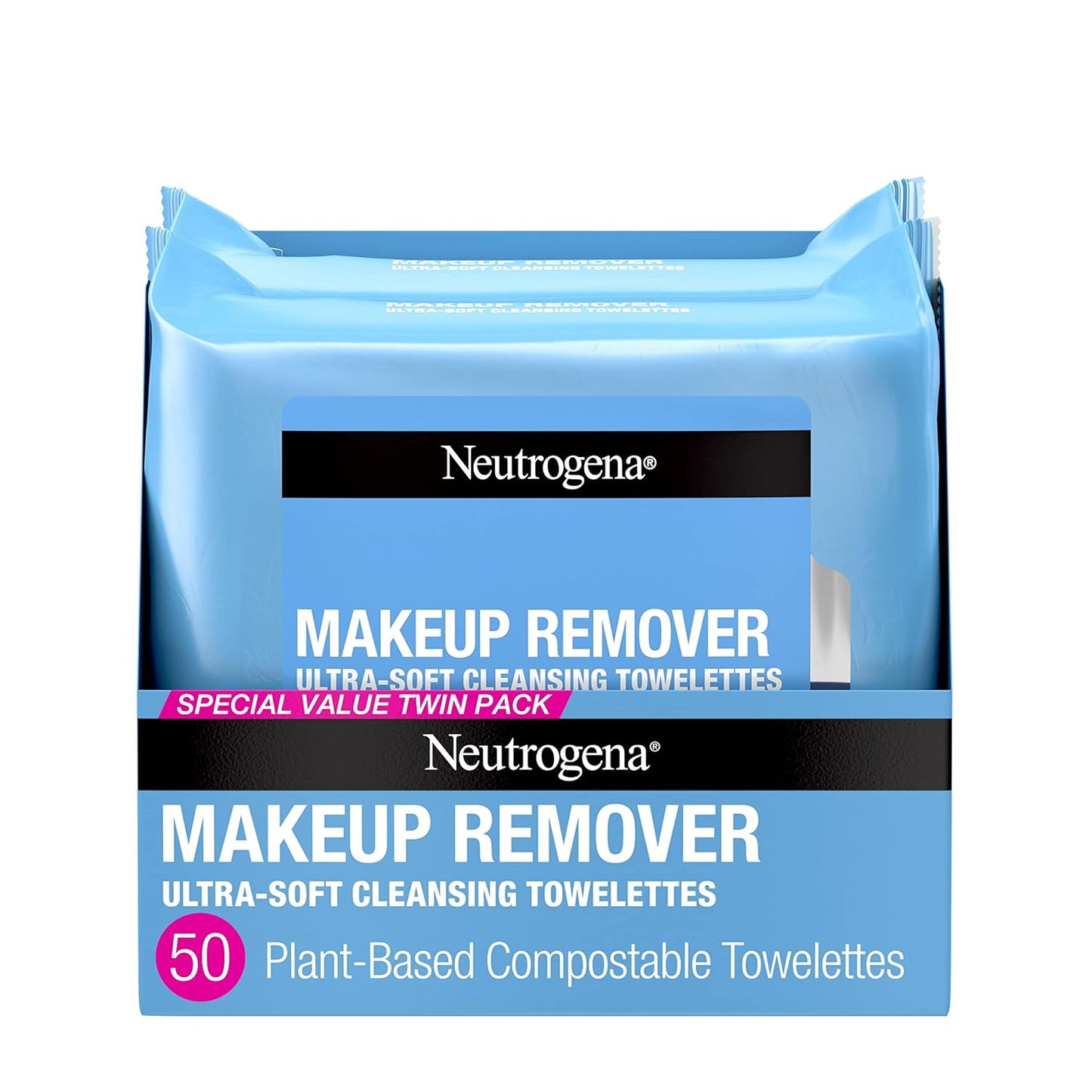 Neutrogena Makeup Remover Wipes, Ultra-Soft Cleansing Facial Towelettes for Waterproof Makeup, Alcohol-Free, Plant-Based, Twin Pack, 25 Count (Pack of 2) - Medaid