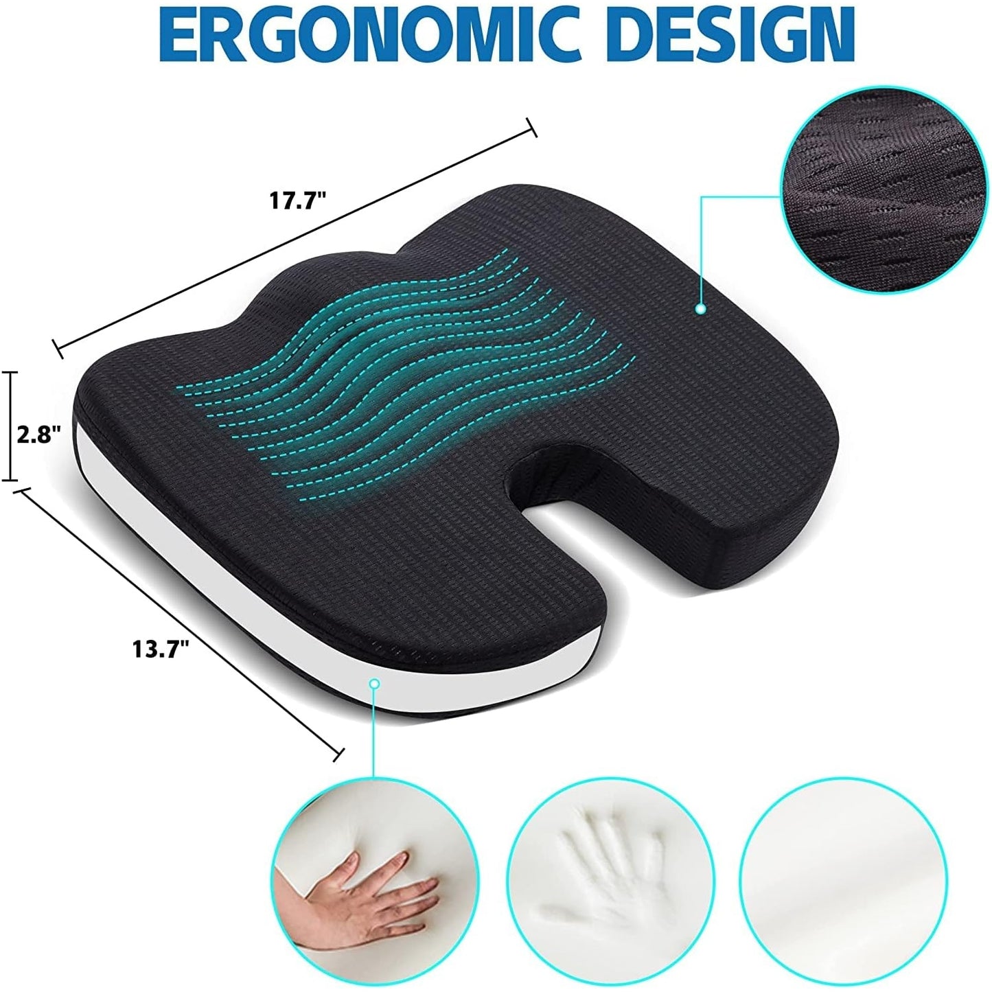 Seat Cushion Non-Slip Desk Chair Cushion Back, Coccyx, Sciatica, Tailbone Pain Relief Butt Pillow - Medaid