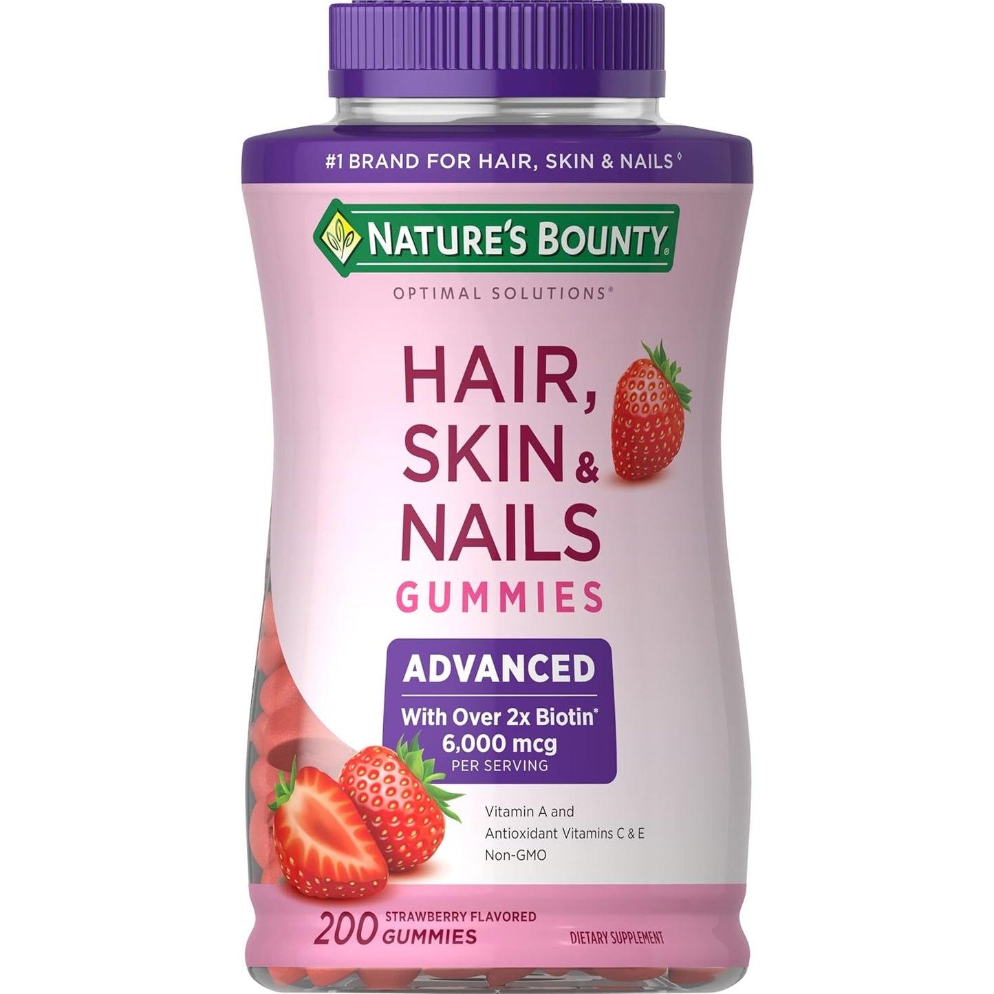 Nature's Bounty Optimal Solutions Advanced Hair, Skin, Nails, 2X Biotin, 200 Strawberry Gummies - Medaid