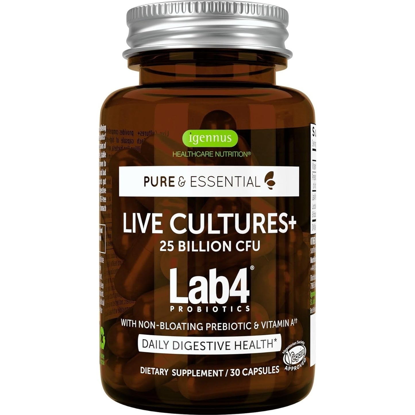 Live Cultures+ Lab4 Probiotics & Prebiotic, Vegan, Non-GMO, Lactobacillus Acidophilus & Bifidobacterium, Guaranteed 25 Billion CFU, Non-Bloating Gut Health Support, 30 Capsules, by Igennus - Medaid