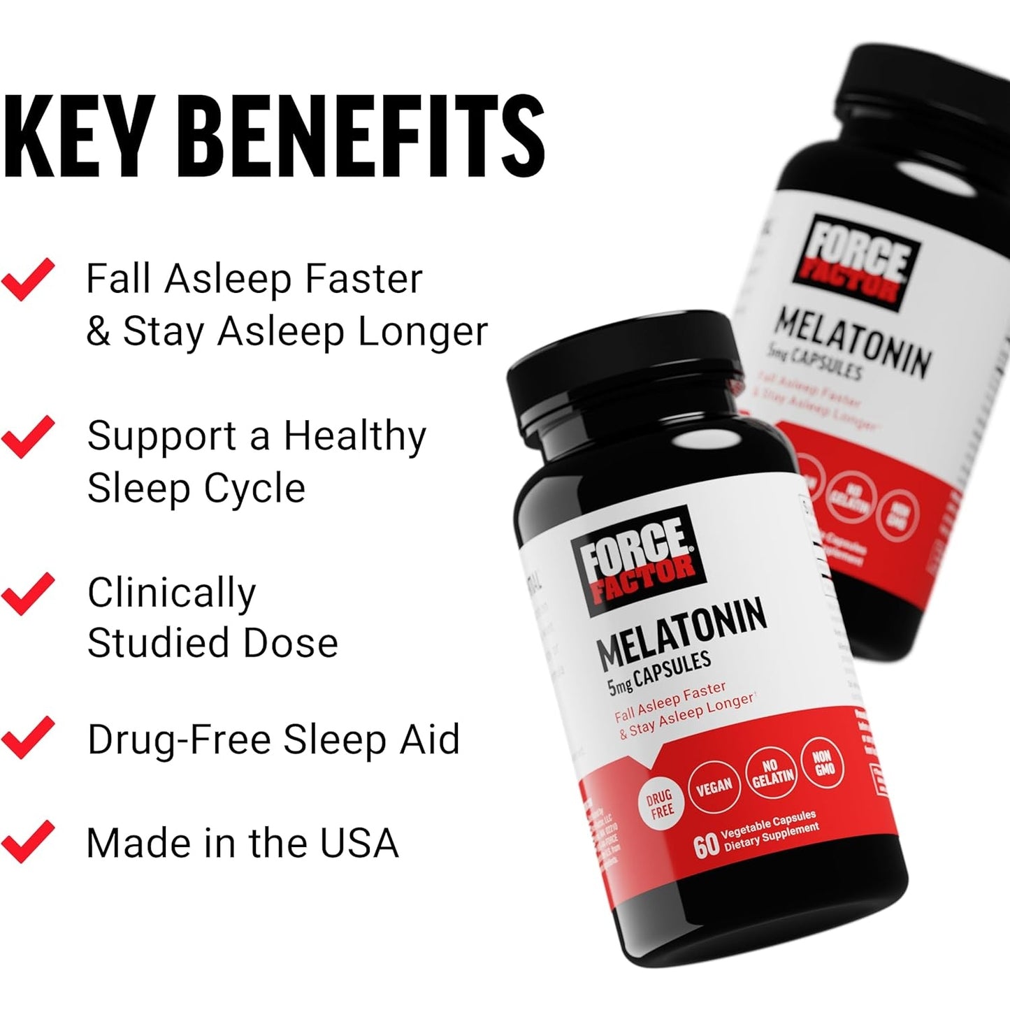 FORCE FACTOR Melatonin 5mg, Drug-Free Supplement, Vegan, Non-GMO, 60 Vegetable Capsules - Medaid