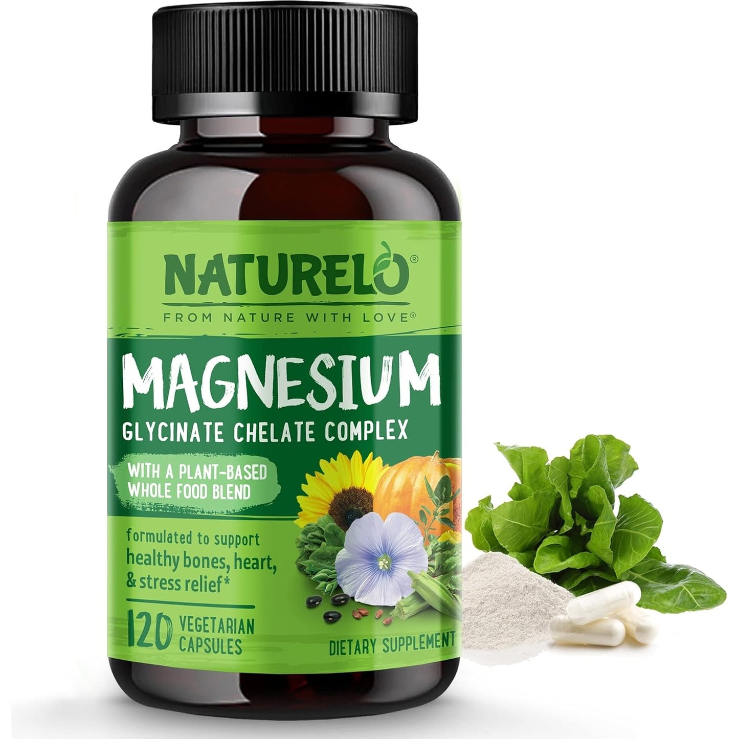 NATURELO Magnesium Glycinate Chelate Complex - 200 mg Magnesium with Organic Vegetables to Support Sleep, Calm, Muscle Cramp & Stress Relief – Gluten Free, Non GMO - 120 Capsules - Medaid