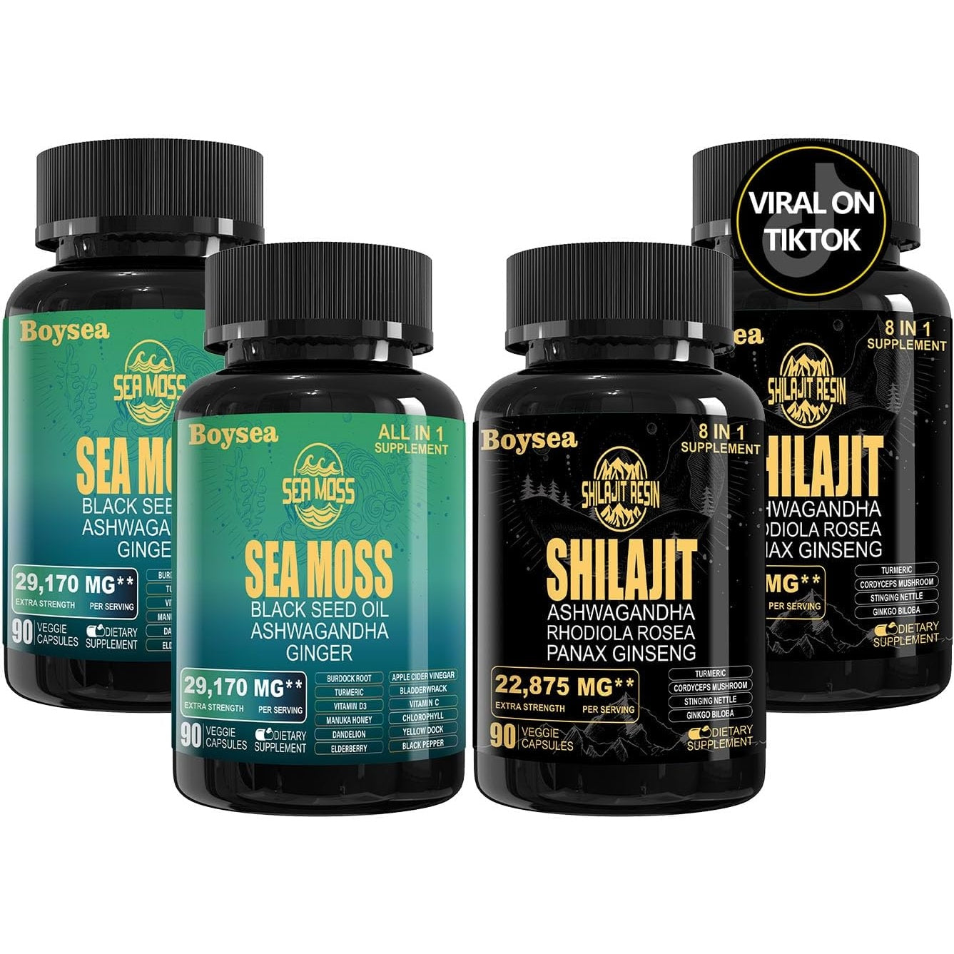 Boysea Superfood Supplement Bundle - 90 Count Sea Moss Capsules (Sea Moss, Black Seed Oil) & 90 Count Pure Shilajit Capsules (Shilajit, Ashwagandha) - 4 Pack - Medaid