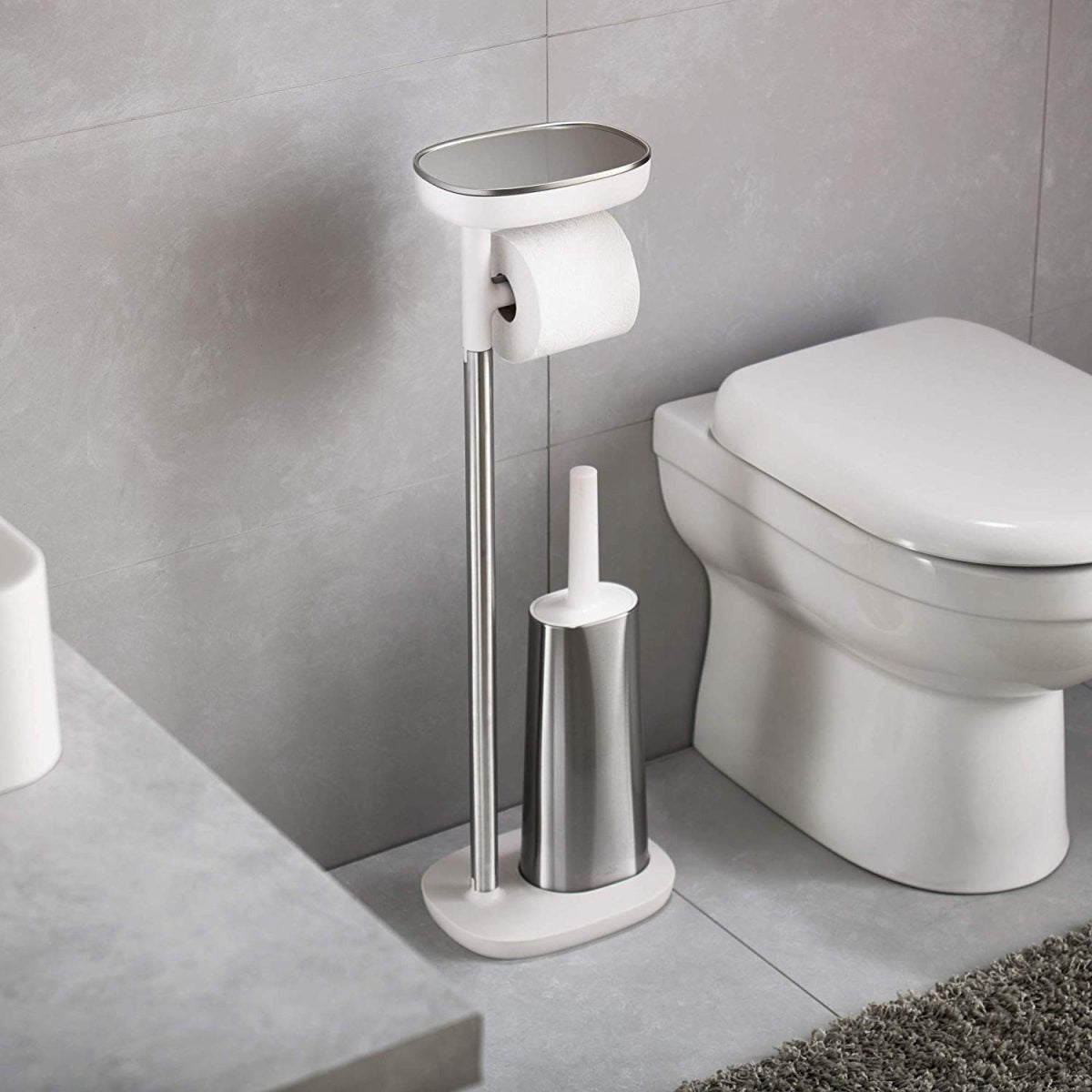 Joseph Joseph EasyStore Butler Toilet Paper Holder Stand and Flex Toilet Brush with Shelf and Drawer, Stainless Steel - Medaid