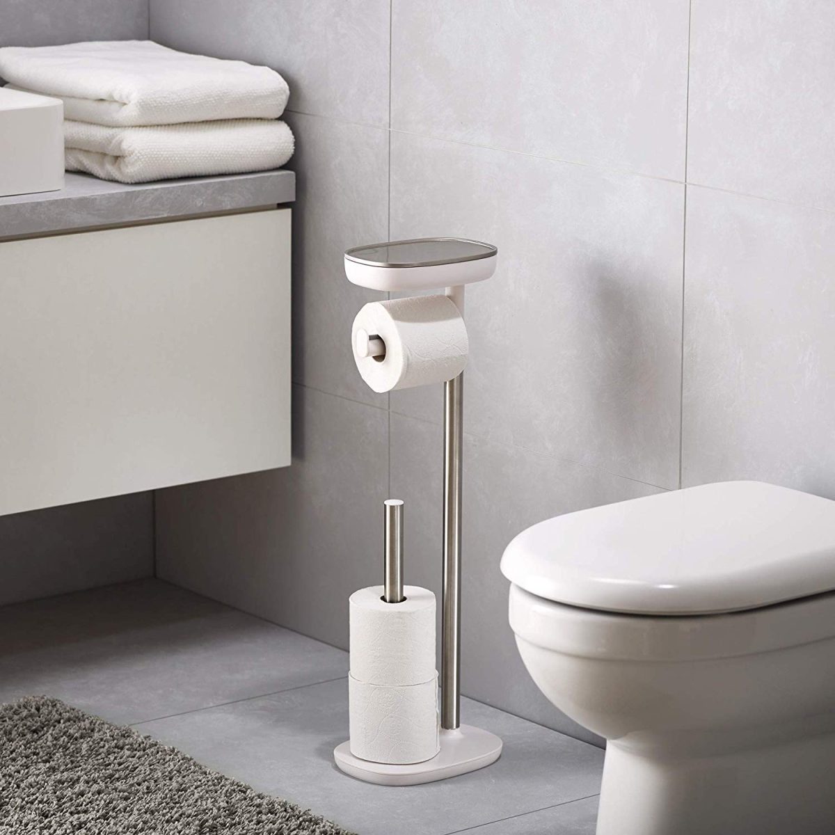 Joseph Joseph EasyStore Butler Toilet Paper Holder Stand and Spare Roll Storage with Shelf and Drawer, Stainless Steel - Medaid