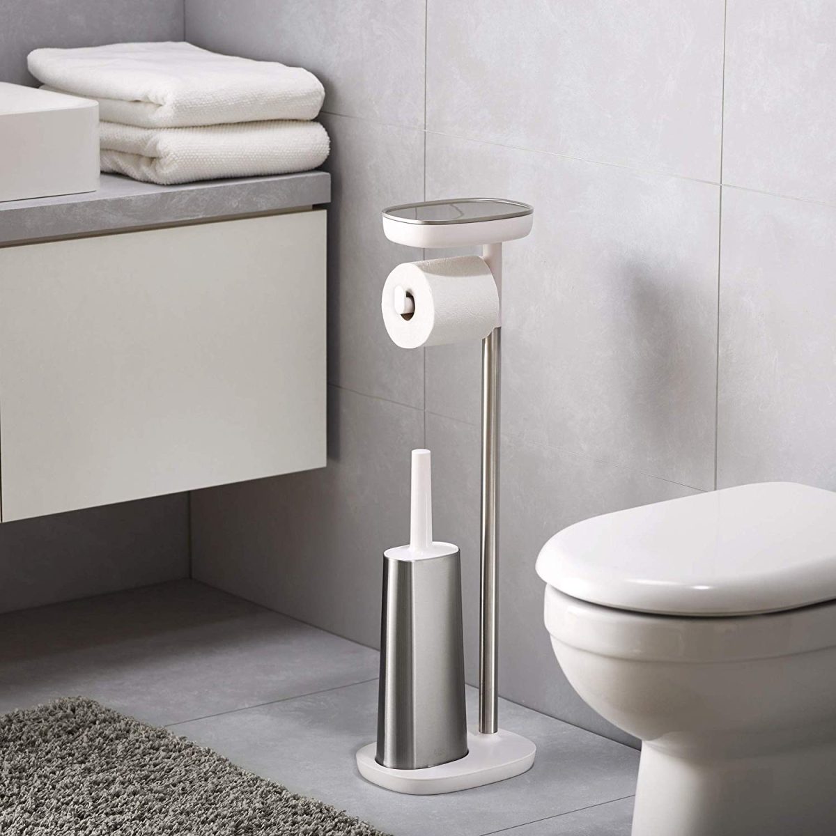 Joseph Joseph EasyStore Butler Toilet Paper Holder Stand and Flex Toilet Brush with Shelf and Drawer, Stainless Steel - Medaid