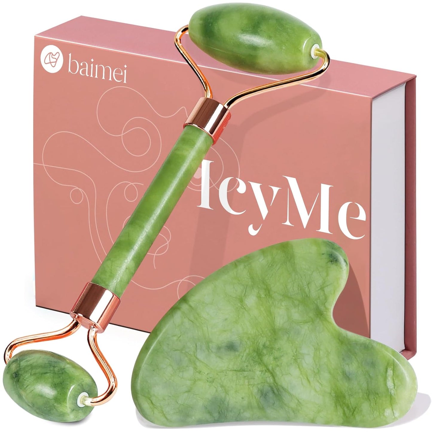 BAIMEI IcyMe Gua Sha & Jade Roller Facial Tools Face Roller and Gua Sha Set for Puffiness and Redness Reducing Skin Care Routine, Self Care Gift for Men Women - Green - Medaid