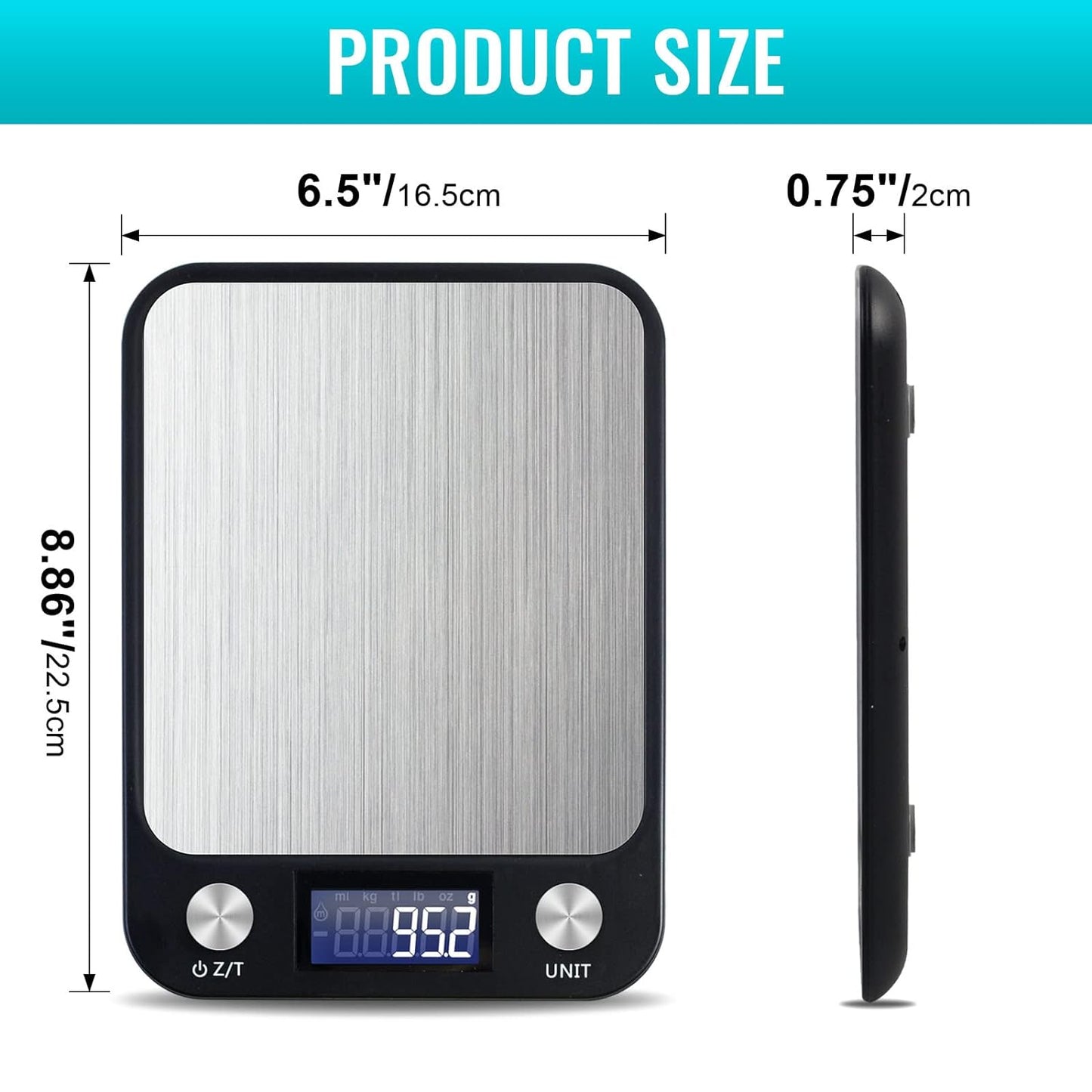 SKY-TOUCH Digital Kitchen Scale Multifunction Food Scale, Touch Button, Ultra Slim with Large LCD Display, 11lb/5kg, 22lb/5kg, Stainless Steel (Batteries Included) (10000g/1g) - Medaid