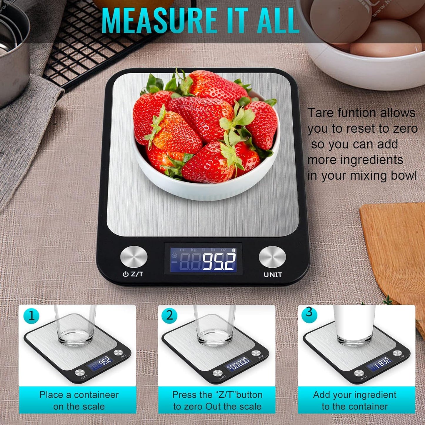 SKY-TOUCH Digital Kitchen Scale Multifunction Food Scale, Touch Button, Ultra Slim with Large LCD Display, 11lb/5kg, 22lb/5kg, Stainless Steel (Batteries Included) (10000g/1g) - Medaid