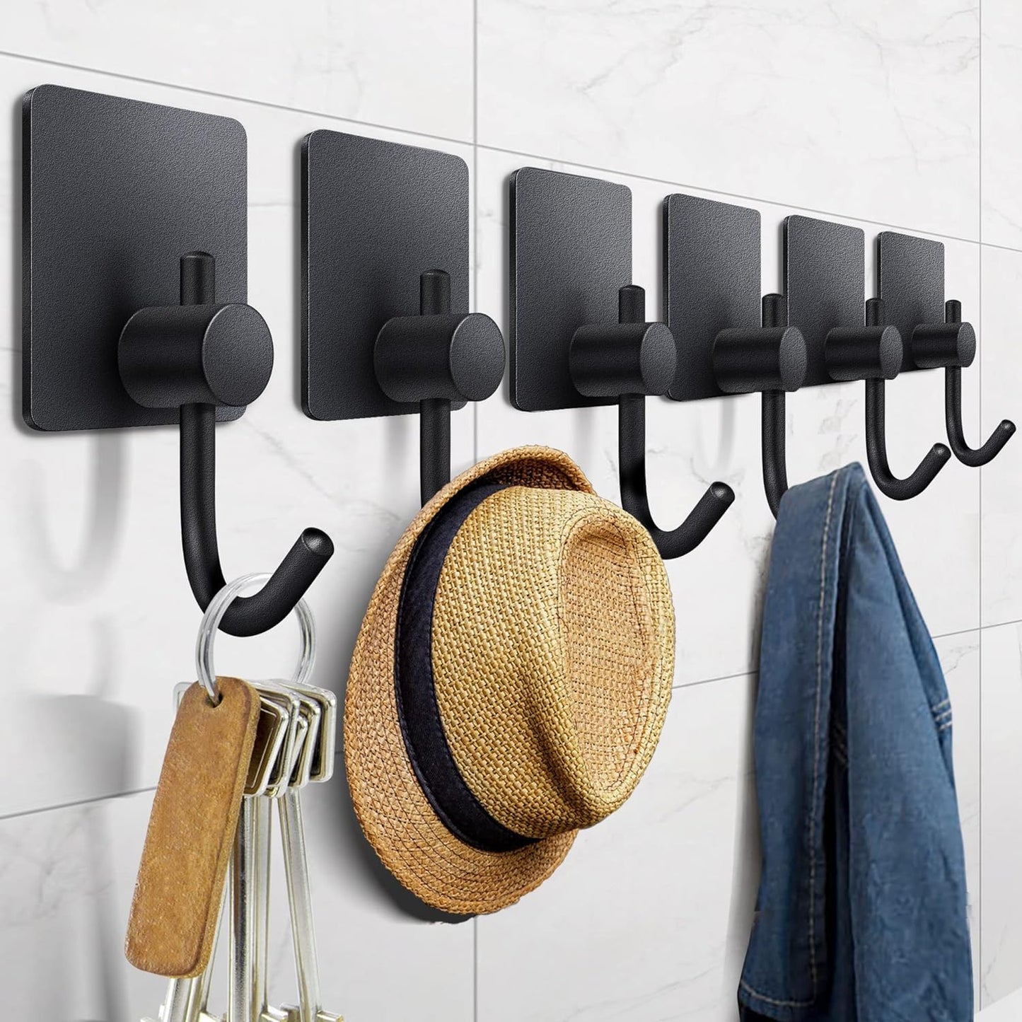 Yoawllty 6 Pcs Adhesive Wall Hooks, Heavy Duty Sticky Holder Waterproof Towel Hooks for Hanging Coat, Hat, Key, Clothes, Closet Hook Wall Mount for Kitchen, Bathroom, Office(Black) - Medaid