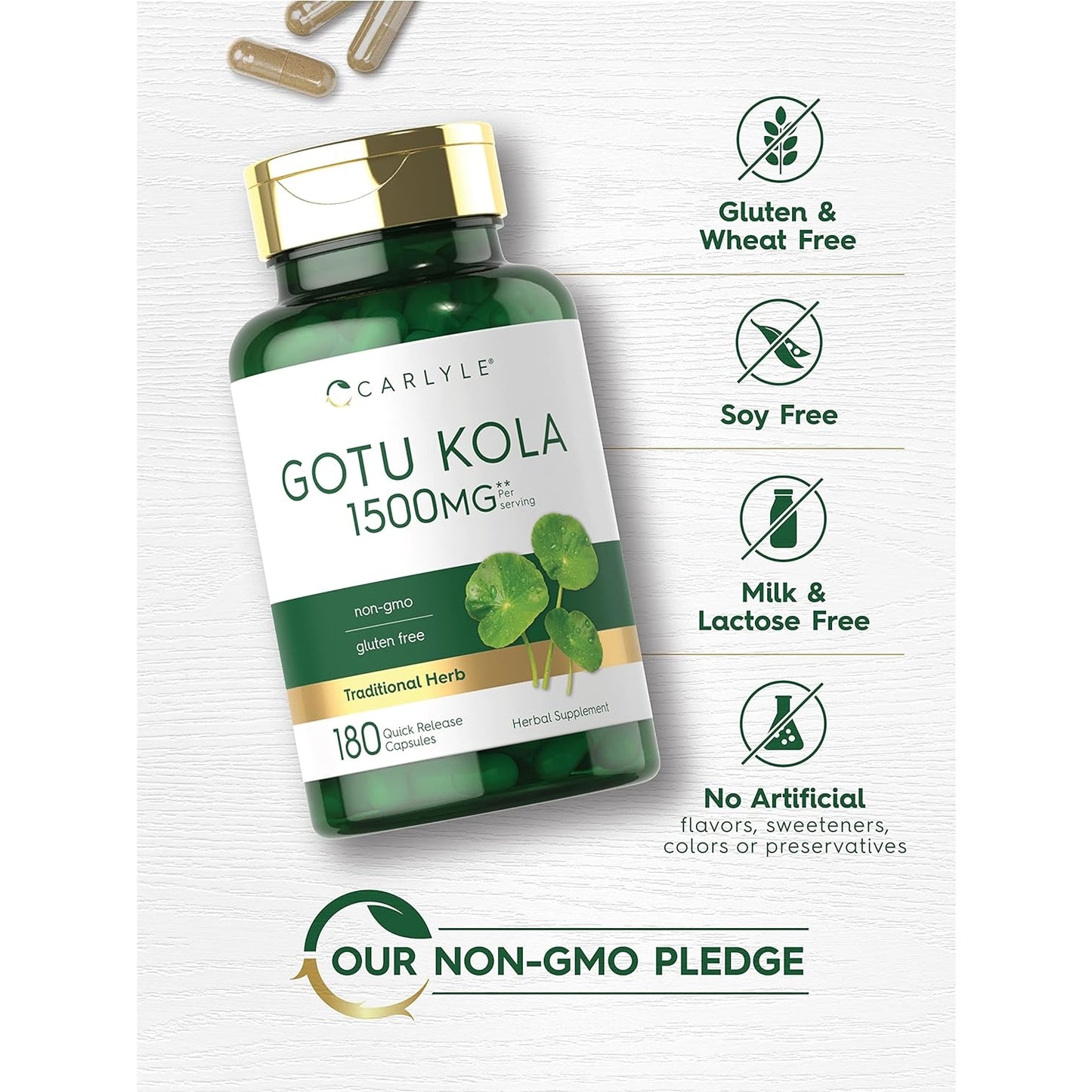 Carlyle Gotu Kola Capsules 1500mg | 180 Count | Non-GMO, Gluten Free | Traditional Herb Extract - Medaid