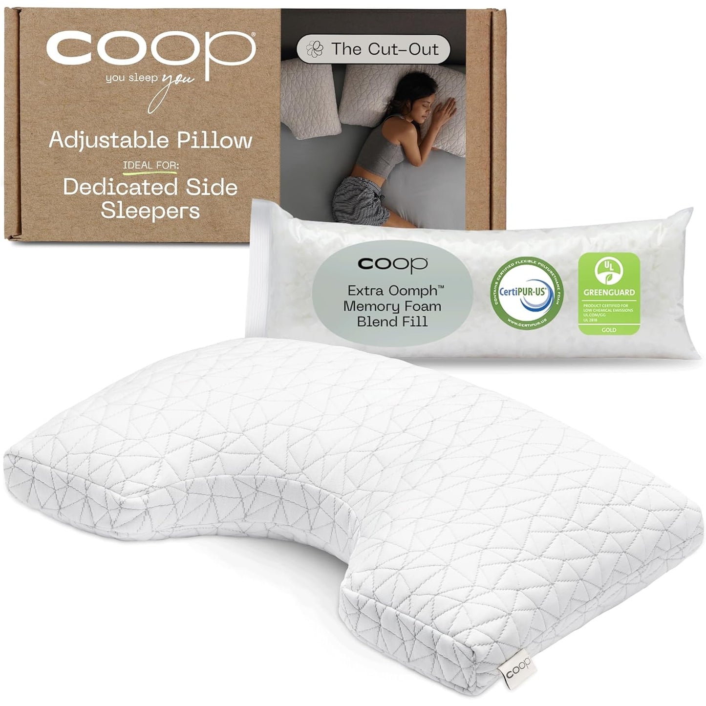 Coop Home Goods Original Cut-Out Adjustable Pillow, Queen Size Bed Pillows for Neck & Head Support, Memory Foam Pillows - Medium Firm for Side Sleeper, CertiPUR-US/GREENGUARD Gold - Medaid