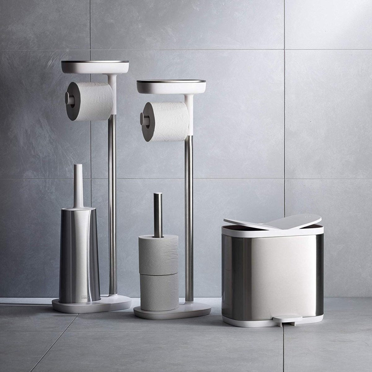 Joseph Joseph EasyStore Butler Toilet Paper Holder Stand and Flex Toilet Brush with Shelf and Drawer, Stainless Steel - Medaid