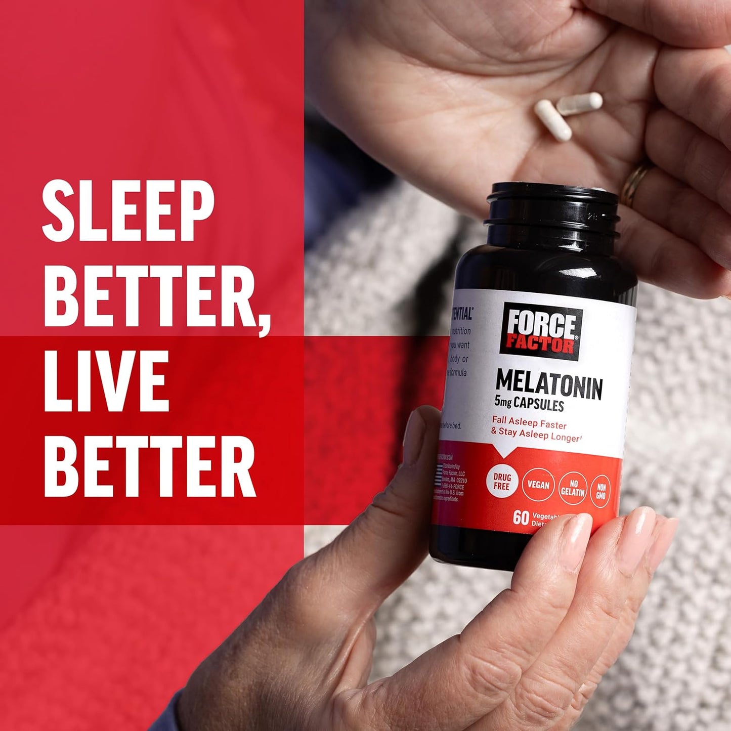 FORCE FACTOR Melatonin 5mg, Drug-Free Supplement, Vegan, Non-GMO, 60 Vegetable Capsules - Medaid